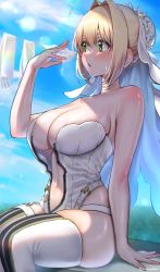 Rule 34 | 1girl, absurdres, ahoge, bare shoulders, blonde hair, blue sky, blush, breasts, center opening, cleavage, fanning face, fate/extra, fate/extra ccc, fate/grand order, fate (series), flower wreath, green eyes, hair between eyes, hair intakes, head wreath, highleg, highleg leotard, highres, large breasts, leotard, long hair, navel, nero claudius (bride) (fate), nero claudius (fate), nero claudius (fate) (all), open mouth, sitting, sky, solo, sweat, thighhighs, thighs, veil, white leotard, white thighhighs, yayoi maka, zipper