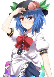 Rule 34 | 1girl, adjusting clothes, adjusting headwear, alternate hair length, alternate hairstyle, black hat, blue hair, blush, bow, bowtie, e.o., food, fruit, hand on headwear, hat, highres, hinanawi tenshi, leaf, peach, puffy short sleeves, puffy sleeves, red bow, red bowtie, red eyes, short hair, short sleeves, simple background, smile, solo, touhou, white background