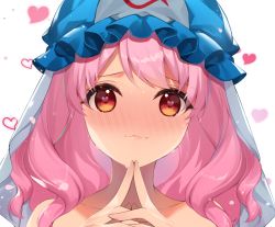 Rule 34 | 1girl, :3, bad id, bad twitter id, bare shoulders, blue hat, blush, collarbone, commentary request, fingers together, hat, heart, heart-shaped pupils, index fingers together, long hair, looking at viewer, mob cap, nose blush, own hands together, petals, pink hair, portrait, red eyes, roh nam kyung, saigyouji yuyuko, simple background, smile, solo, symbol-shaped pupils, touhou, triangular headpiece, veil, white background