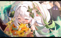 1girl ^_^ absurdres bare_shoulders blush bouquet cape closed_eyes flower genshin_impact gold_trim gradient_hair green_cape green_hair hair_between_eyes hair_ornament highres holding holding_bouquet leaf_hair_ornament long_hair multicolored_hair nahida_(genshin_impact) nanakusa_yomogi pointy_ears side_ponytail solo_focus upper_body white_flower white_hair yellow_flower