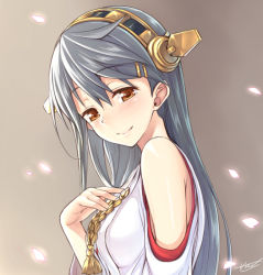 Rule 34 | 10s, 1girl, ahoge, bare shoulders, black hair, brown eyes, detached sleeves, hair ornament, hairband, haruna (kancolle), headgear, japanese clothes, kantai collection, long hair, looking at viewer, personification, saemon (tonpura), solo, wide sleeves