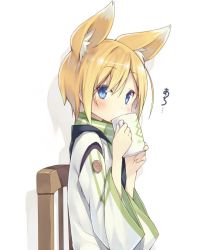 Rule 34 | 1girl, animal ear fluff, animal ears, blonde hair, blue eyes, blush, chair, cup, drinking, extra ears, fox ears, holding, japanese clothes, looking at viewer, mug, original, poco (asahi age), shadow, shiratama kitsune, short hair, simple background, solo, white background, wide sleeves