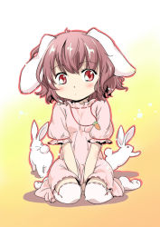 Rule 34 | 1girl, animal ears, blush, brown hair, carrot, dress, female focus, fuyutarou, inaba tewi, jewelry, pendant, rabbit, rabbit ears, red eyes, short hair, simple background, sitting, solo, thighhighs, touhou, v arms, wariza, white thighhighs