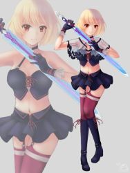 Rule 34 | 1girl, black footwear, black gloves, black skirt, blonde hair, boots, breasts, fantasy, gloves, holding, holding sword, holding weapon, looking at viewer, medium breasts, mini dang01, navel, original, purple thighhighs, red eyes, short hair, skirt, solo, sword, thighhighs, thighs, weapon, zoom layer