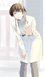 Rule 34 | 1girl, amagami, badge, black eyes, black hair, breasts, door, facing viewer, feet out of frame, highres, jewelry, lab coat, large breasts, leaning forward, looking at viewer, open mouth, pants, ring, sasaki akira (ugc), smile, solo, standing, stethoscope, sweater, tsukahara hibiki, turtleneck, turtleneck sweater, waving, wedding ring