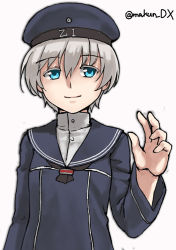 Rule 34 | 1girl, black neckerchief, blue dress, blue eyes, blue hat, blue sailor collar, clothes writing, dress, hat, kantai collection, looking at viewer, maakun (makun dx), neckerchief, one-hour drawing challenge, sailor collar, sailor dress, sailor hat, short hair, silver hair, simple background, solo, twitter username, white background, z1 leberecht maass (kancolle)