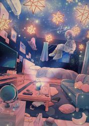 Rule 34 | 1girl, absurdres, astronaut, bed, bed sheet, book, couch, floating, helmet, highres, indoors, mokunoki, moon (ornament), original, pillow, scenery, slippers, small stellated dodecahedron, solo, space helmet, star (symbol), surreal