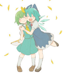 Rule 34 | 2girls, ascot, black footwear, blue bow, blue dress, blue hair, blush, bow, brown footwear, cheek-to-cheek, cirno, citrus (place), closed eyes, closed mouth, commentary, daiyousei, detached wings, dress, fairy, fairy wings, falling petals, green hair, hair bow, heads together, holding hands, ice, ice wings, interlocked fingers, leg up, medium hair, multiple girls, open mouth, petals, pinafore dress, puffy short sleeves, puffy sleeves, shirt, shoes, short sleeves, simple background, skirt, sleeveless, sleeveless dress, smile, socks, touhou, white background, wings, yellow ascot, yellow bow