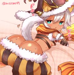 Rule 34 | 1girl, aqua eyes, bad id, bad pixiv id, dark-skinned female, dark skin, dog tail, facial mark, fur trim, half-closed eyes, hat, heartbeat, looking at viewer, looking back, mashiro miru, open mouth, puzzle &amp; dragons, solo, sopdet (p&amp;d), sweat, tail, tears, twitter username, white hair