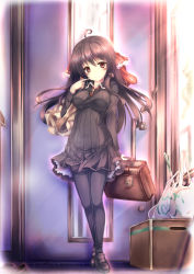 Rule 34 | 1girl, ahoge, alternate costume, bag, black hair, black pantyhose, blush, bow, box, breasts, briefcase, contemporary, hair bow, hakurei reimu, highres, indoors, kaisu, large breasts, loafers, long hair, long sleeves, pantyhose, plastic bag, red eyes, ribbed sweater, school bag, school briefcase, school uniform, shoes, skirt, smile, solo, spring onion, sweater, sweater vest, touhou