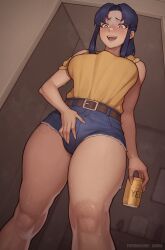 Rule 34 | 1futa, asura (asurauser), beer can, belt, brown belt, bulge, can, commentary, curvy, denim, denim shorts, drink can, english commentary, feet out of frame, fingernails, foreskin, from below, futanari, heart, heart-shaped pupils, highres, holding, holding can, indoors, katsuragi misato, long fingernails, long hair, neon genesis evangelion, open mouth, ponytail, purple hair, shirt, short shorts, shorts, solo, standing, symbol-shaped pupils, teeth, upper teeth only, wide hips, yellow shirt