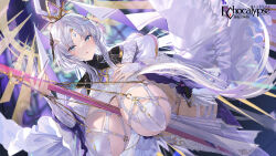 Rule 34 | 1girl, amane (echocalypse), between breasts, blue eyes, breasts, bridal gauntlets, copyright name, crown, dress, echocalypse, grey hair, hair ornament, hand on own chest, highres, huge breasts, long hair, ouri (aya pine), solo, white dress
