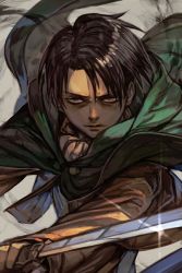 Rule 34 | 1boy, brown eyes, brown hair, brown jacket, cape, glint, green cape, holding, holding sword, holding weapon, hungry clicker, jacket, levi (shingeki no kyojin), long sleeves, looking at viewer, male focus, parted lips, sanpaku, shingeki no kyojin, solo, sword, upper body, weapon