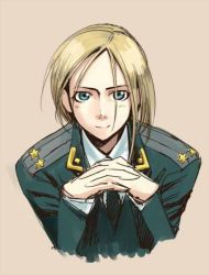Rule 34 | 1girl, blonde hair, blue eyes, dress shirt, epaulettes, looking at viewer, lowres, military, military uniform, natalia poklonskaya, necktie, okayado, own hands clasped, own hands together, parted bangs, real life, shirt, simple background, smile, solo, uniform