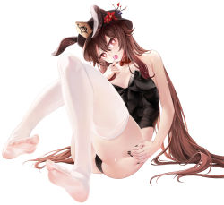 Rule 34 | 1girl, absurdres, animal ears, bare arms, bare shoulders, black headwear, black nails, bow, bowtie, brown hair, candy, chinese clothes, fake animal ears, feet, flower, flower-shaped pupils, food, foot focus, foreshortening, genshin impact, hat, hat flower, highres, hu tao (genshin impact), leotard, lollipop, long hair, nail polish, playboy bunny, plum blossoms, ponytail, porkpie hat, rabbit ears, rabbit tail, rable, red eyes, skindentation, soles, strapless, strapless leotard, symbol-shaped pupils, tail, thighhighs, thighs, twintails, very long hair, white thighhighs