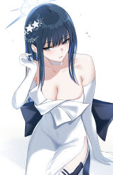 Rule 34 | 1girl, absurdres, bare shoulders, bee doushi, blue archive, blue eyes, blue hair, breasts, choker, cleavage, commentary request, dress, elbow gloves, gloves, halo, highres, long hair, looking at viewer, official alternate costume, open mouth, saori (blue archive), saori (dress) (blue archive), side slit, simple background, solo, strapless, strapless dress, very long hair, white background, white choker, white dress