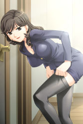 Rule 34 | 1girl, adjusting clothes, adjusting legwear, bent over, black eyes, black hair, breasts, brown eyes, brown hair, business suit, cleavage, formal, game cg, highres, jacket, large breasts, long hair, looking at viewer, mature female, nojima rika, ojiri shin&#039;ya, pencil skirt, skirt, skirt suit, smile, solo, suit, teacher, thighhighs, thighhighs pull, toshiue lesson, zettai ryouiki