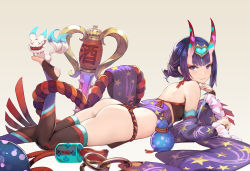 Rule 34 | 1girl, absurdres, ankle ribbon, ass, bare shoulders, barefoot, blush, bob cut, breasts, chinese clothes, collarbone, commentary request, detached sleeves, dudou, eyeshadow, fate/grand order, fate (series), floral print, full body, hair between eyes, halloween, headpiece, highres, hip focus, horns, kurosawa tetsu, leg ribbon, leg up, light smile, looking at viewer, lying, makeup, nail polish, on stomach, oni, purple eyes, purple hair, revealing clothes, ribbon, short eyebrows, short hair, shuten douji (fate), shuten douji (fate/grand order), shuten douji (halloween caster) (fate), sidelocks, skin-covered horns, small breasts, smile, solo, star (symbol), star print, stirrup legwear, thighs, toeless legwear