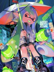 Rule 34 | 1girl, absurdres, backwards text, bike shorts, black footwear, black shorts, blunt bangs, blurry, blurry background, blurry foreground, boots, commentary, depth of field, english text, fangs, green hair, highres, holding, holding umbrella, holding weapon, inkling, inkling (language), inkling girl, inkling player character, jacket, long hair, long sleeves, looking at viewer, neon lights, night, nintendo, open mouth, pointy ears, red eyes, shorts, single vertical stripe, smile, solo, splatoon (series), splatoon 2, standing, tentacle hair, torpedo (splatoon), umbrella, undercover brella (splatoon), very long hair, weapon, white jacket, yoshida (ne)