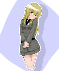 Rule 34 | 1girl, anzio military uniform, belt, black belt, black shirt, blonde hair, carpaccio (girls und panzer), closed mouth, commentary, cowboy shot, cropped legs, dress shirt, girls und panzer, green eyes, grey jacket, grey skirt, head tilt, jacket, light frown, long hair, long sleeves, looking at viewer, mal (malmlamal), military, military uniform, miniskirt, outline, own hands together, shadow, shirt, simple background, skirt, solo, standing, uniform, v arms, white outline, wing collar
