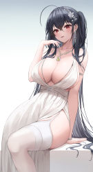Rule 34 | 1girl, absurdres, ahoge, armlet, azur lane, black hair, blush, bracelet, breasts, doham, dress, earrings, fingernails, hair ornament, hand up, highres, jewelry, large breasts, long hair, looking at viewer, necklace, official alternate costume, open mouth, plunging neckline, red eyes, side ponytail, side slit, sitting, smile, solo, straight hair, taihou (azur lane), taihou (temptation on the sea breeze) (azur lane), thighhighs, thighs, very long hair, white dress, white thighhighs