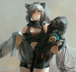 Rule 34 | 1boy, 1girl, animal ears, arknights, black jacket, black scarf, breasts, carrying, cat ears, cat girl, commentary request, crop top, doctor (arknights), hood, hooded jacket, jacket, large breasts, long hair, noccu, ponytail, princess carry, scarf, schwarz (arknights), short shorts, shorts, silver hair, very long hair, yellow eyes