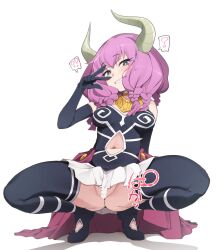 Rule 34 | 1girl, ?, aura (sousou no frieren), blush, braid, breasts, censored, clothing cutout, full body, heart, heart censor, highres, horns, medium breasts, multiple braids, naughty face, navel, navel cutout, nekono matatabi, pink hair, simple background, smile, solo, sousou no frieren, spoken question mark, spread legs, v, white background