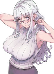 Rule 34 | 1girl, black skirt, blush, breasts, commentary request, earrings, glasses, grey hair, indie virtual youtuber, jewelry, large breasts, long hair, looking at viewer, mi2mi2 minmi, necklace, parted lips, purple eyes, ribbed sweater, simple background, skirt, sleeveless, sleeveless sweater, sleeveless turtleneck, solo, sweater, turtleneck, turtleneck sweater, upper body, virtual youtuber, yomi tsumugiha