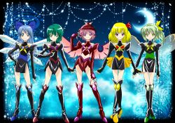 Rule 34 | 00s, 5girls, alternate costume, alternate hair length, alternate hairstyle, antennae, arm up, bare shoulders, bird wings, blonde hair, blue eyes, blue hair, boots, bow, cirno, clenched hand, crescent moon, daiyousei, dark cure (yes! precure 5), eyelashes, fairy wings, fingerless gloves, fingernails, gloves, green eyes, green hair, hair bow, hair ribbon, hand on own hip, hat, high collar, highres, hip focus, knee boots, light particles, long hair, long sleeves, looking at viewer, ltd border, midriff, moon, multiple girls, mystia lorelei, navel, open hand, pink eyes, pink hair, precure, red eyes, ribbon, rumia, sentai, short hair, side ponytail, sky, smile, star (sky), starry sky, team 9 (touhou), touhou, vest, wings, wriggle nightbug, yellow eyes, yes! precure 5