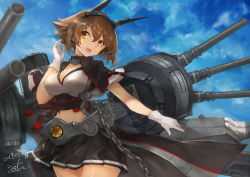 Rule 34 | 1girl, bare shoulders, blue sky, blush, breasts, brown eyes, brown hair, cannon, chain, cloud, collar, collarbone, commentary request, cowboy shot, cropped jacket, day, gloves, hair between eyes, hairband, hand up, headgear, highres, kantai collection, large breasts, looking at viewer, machinery, metal belt, metal collar, midriff, miniskirt, mutsu (kancolle), mutsu kai ni (kancolle), navel, open mouth, outdoors, pleated skirt, radio antenna, rigging, short hair, skirt, sky, smile, smokestack, solo, standing, striped clothes, striped skirt, toka (marchlizard), turret, white gloves