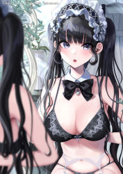 Rule 34 | 1girl, :o, bare arms, bare shoulders, black bow, black bowtie, black bra, black hair, black panties, blue eyes, bow, bowtie, bra, breasts, cleavage, detached collar, garter belt, highres, large breasts, long hair, looking at viewer, maid, melonbooks, mirei, navel, open mouth, original, panties, reflection, twintails, underwear, white headwear