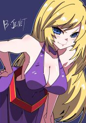 Rule 34 | 1girl, belt, bent over, blonde hair, blue eyes, breasts, choker, cleavage, dress, fatal fury, garou: mark of the wolves, highres, jenet behrn, large breasts, long hair, purple dress, snk, solo, the king of fighters