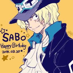 Rule 34 | 1boy, birthday, blonde hair, character name, ascot, goggles, goggles on headwear, hat, male focus, one piece, sabo (one piece), scar, solo, top hat