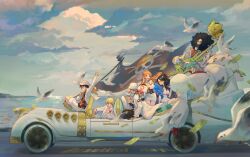 Rule 34 | 2girls, 6+boys, afro, alternate costume, banknote, beard, bird, black hair, black shirt, blonde hair, blue hair, brook (one piece), car, cigarette, closed eyes, cloud, cloudy sky, commentary, crown, cup, day, dress, drinking glass, driving, earrings, facial hair, flag, floating hair, formal, franky (one piece), fur-trimmed pants, fur trim, goggles, green-tinted eyewear, green hair, grin, guitar, hat, highres, holding, holding cigarette, holding cup, holding flag, holding instrument, instrument, izumikane, jacket, jewelry, lighthouse, long nose, long sleeves, money, monkey d. luffy, motor vehicle, multiple boys, multiple girls, nami (one piece), nico robin, ocean, on vehicle, one piece, one piece film: gold, open clothes, open jacket, orange-tinted eyewear, orange eyes, orange hair, outdoors, pants, pink-tinted eyewear, red-tinted eyewear, roronoa zoro, sandals, sanji (one piece), seagull, shirt, short hair, sitting, skeleton, sky, smile, smoke, straw hat, suit, sunglasses, teeth, tinted eyewear, tony tony chopper, usopp, water, white bird, white dress, white headwear, white jacket, white pants, white suit, yellow-tinted eyewear