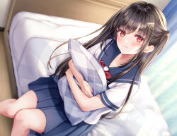 Rule 34 | 1girl, bed, bed sheet, black hair, blue curtain, blue sailor collar, blue serafuku, blue skirt, blush, closed mouth, collarbone, commentary request, crossed bangs, curtains, feet out of frame, hair intakes, hair ornament, hair over shoulder, hairpin, head tilt, holding, holding pillow, indoors, knees together feet apart, light rays, long hair, looking at viewer, neckerchief, hugging object, on bed, original, parted bangs, pillow, pillow hug, pleated skirt, red eyes, red neckerchief, sailor collar, school uniform, serafuku, shirt, sidelocks, sitting, skirt, smile, solo, transparent curtains, twintails, very long hair, white shirt, window, yugirlpict