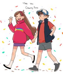 Rule 34 | 1boy, 1girl, bad id, bad twitter id, baseball cap, blush stickers, braces, brother and sister, brown hair, cdov34, confetti, copyright name, dipper pines, gravity falls, hairband, holding hands, hand in pocket, hat, hetero, long hair, mabel pines, shorts, siblings, simple background, smile, sweater, thank you, twins, typo, vest, walking, waving, white background