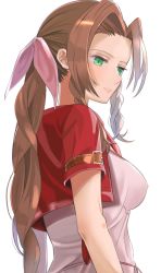 Rule 34 | 1girl, aerith gainsborough, bow, braid, breasts, brown hair, chil0107, closed mouth, cropped jacket, dress, final fantasy, final fantasy vii, green eyes, hair ribbon, highres, jacket, long hair, pink bow, pink dress, ponytail, ribbon, simple background, solo