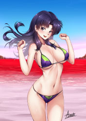 Rule 34 | 1girl, :d, adsouto, bikini, breasts, brown eyes, cowboy shot, curvy, the end of evangelion, floating hair, hands up, highres, katsuragi misato, large breasts, long hair, navel, neon genesis evangelion, ocean, open mouth, purple hair, sand, scar, scar on chest, shiny skin, signature, skindentation, sky, smile, solo, stomach, swimsuit, wide hips