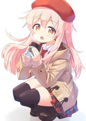 Rule 34 | 1girl, changaa, checkered clothes, checkered skirt, coat, coffee cup, couch, cup, disposable cup, genderswap, genderswap (mtf), hat, highres, holding, holding cup, long hair, necktie, onii-chan wa oshimai!, open mouth, orange eyes, oyama mahiro, pink hair, pleated skirt, shoes, simple background, skirt, solo, squatting, steam, thighhighs, zettai ryouiki