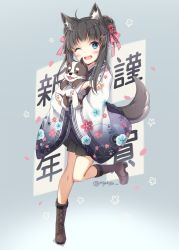 Rule 34 | 1girl, ;d, animal, animal ears, animal hug, black skirt, blush, boots, bow, brown footwear, chinese zodiac, commentary request, cross-laced footwear, dog, dog ears, dog girl, dog tail, floral print, full body, hair bow, hair ornament, hairclip, happy new year, japanese clothes, kimono, lace-up boots, long hair, long sleeves, looking at viewer, new year, nyanya, one eye closed, open mouth, original, pleated skirt, print kimono, short kimono, sidelocks, skirt, smile, solo, standing, standing on one leg, striped, striped bow, tail, teeth, twitter username, upper teeth only, white kimono, wide sleeves, year of the dog