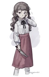 Rule 34 | 1girl, black ribbon, brown hair, closed mouth, commentary, cropped legs, dot mouth, fear &amp; hunger, fear &amp; hunger 2: termina, frilled shirt collar, frills, hand on own cheek, hand on own face, highres, holding, holding knife, kingjoshua, knife, long hair, long skirt, long sleeves, looking at viewer, marina (fear &amp; hunger), mouth piercing, notice lines, pink skirt, purple eyes, ribbon, shirt, shirt tucked in, short eyebrows, skirt, socks, solo, standing, twitter username, two-tone background, white background, white shirt