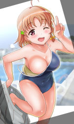Rule 34 | 1girl, accidental exposure, ahoge, areola slip, bare shoulders, blue one-piece swimsuit, blush, braid, breasts, changing clothes, cleavage, clothes pull, clover hair ornament, collarbone, commentary request, competition school swimsuit, covered navel, dutch angle, eyelashes, feet out of frame, gonta (gshoutai), groin, hair ornament, hair ribbon, hairclip, highres, looking at viewer, love live!, love live! sunshine!!, medium breasts, off shoulder, one-piece swimsuit, one breast out, one eye closed, open mouth, orange hair, pool, red eyes, ribbon, school swimsuit, short hair, side braid, skirt, skirt around one leg, skirt pull, smile, solo, spaghetti strap, swimsuit, takami chika, undressing, v, wardrobe malfunction, yellow ribbon