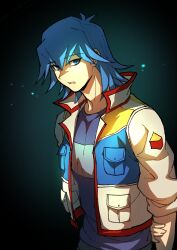 Rule 34 | 1boy, absurdres, arm behind back, black background, blue eyes, blue hair, blue shirt, bruno (yu-gi-oh!), dark background, glowing, hand on own arm, high collar, highres, jacket, light particles, male focus, open clothes, open jacket, open mouth, shirt, short hair, sleeves rolled up, solo, surprised, t-shirt, upper body, white jacket, youko-shima, yu-gi-oh!, yu-gi-oh! 5d&#039;s