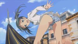 Rule 34 | 1girl, animated, animated gif, ass, bare legs, bent over, black hair, boat, building, butt crack, cloud, day, francesca lucchini, from behind, green eyes, looking back, mooning, outdoors, panties, sky, spanked, spanking, spanking self, strike witches, striped clothes, striped panties, taunting, twintails, underwear, water, watercraft, world witches series