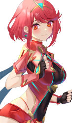 Rule 34 | 1girl, black gloves, breasts, chest jewel, earrings, fingerless gloves, gem, gloves, headpiece, highres, jewelry, kyaro (wanu 14), large breasts, pyra (xenoblade), red eyes, red hair, red shorts, short hair, short shorts, shorts, simple background, swept bangs, thighhighs, tiara, white background, xenoblade chronicles (series), xenoblade chronicles 2