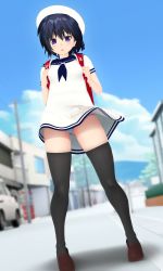 Rule 34 | 1girl, 3d, backpack, bag, black thighhighs, blue sky, breasts, building, clothes lift, cloud, day, dress, dress lift, dutch angle, female focus, from below, gluteal fold, hat, highres, looking down, original, outdoors, panties, pantyshot, parted lips, randoseru, school uniform, serafuku, shadow, short hair, short sleeves, sky, small breasts, solo, standing, striped clothes, striped panties, taii (tng1014), thighhighs, underwear, vehicle, white dress, white hat, wind, wind lift