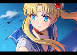 Rule 34 | 1girl, ars.rin, bishoujo senshi sailor moon, blonde hair, blue eyes, blue sailor collar, breasts, choker, circlet, cleavage, collarbone, commentary request, crescent, crescent earrings, derivative work, earrings, hair over shoulder, heart, heart choker, jewelry, long hair, meme, parted lips, red choker, sailor collar, sailor moon, sailor moon redraw challenge (meme), sailor senshi uniform, solo, tsukino usagi, twintails, upper body