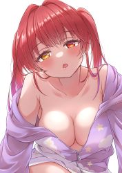 Rule 34 | 1girl, :o, absurdres, bare shoulders, blush, breasts, cleavage, collarbone, drooling, drunk, heterochromia, highres, hololive, hood, hoodie, houshou marine, large breasts, leaning forward, long hair, looking at viewer, naked hoodie, null maru, off shoulder, open mouth, partially unzipped, purple hoodie, red eyes, red hair, solo, star (symbol), star print, twintails, virtual youtuber, white background, yellow eyes