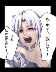Rule 34 | 00s, 1girl, bow, capelet, close-up, crying, crying with eyes open, garreki, hair bow, highres, long hair, melty blood, open mouth, outstretched arms, pointy ears, red eyes, silver hair, slit pupils, solo, tears, translation request, tsukihime, white len (tsukihime)
