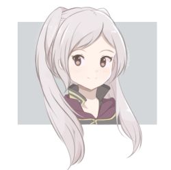 Rule 34 | 1girl, artist name, border, brown eyes, chocomiru, closed mouth, collarbone, eyebrows, fire emblem, fire emblem awakening, grey background, long hair, looking to the side, nintendo, robe, robin (female) (fire emblem), robin (fire emblem), signature, silver hair, smile, solo, twintails, upper body, white border